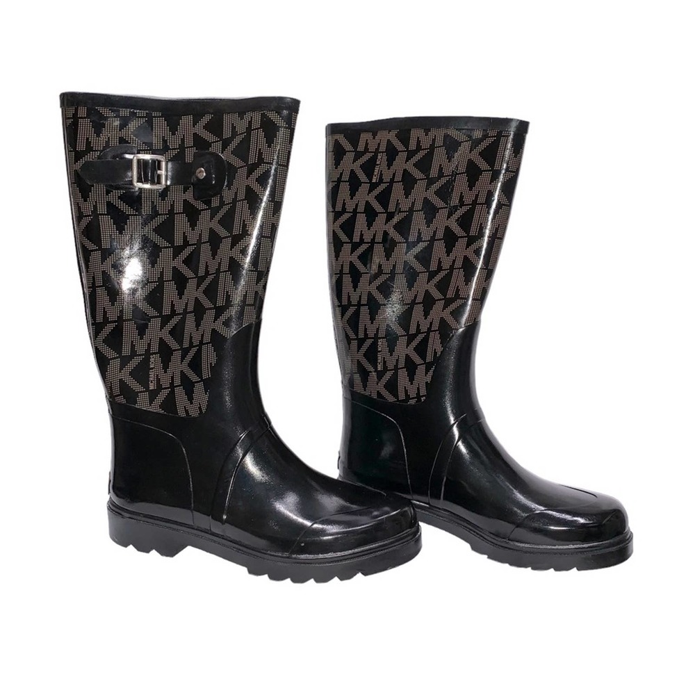 MICHAEL KORS - Signature logo Rain boots, size 10, black w/ brown MK logos - Picture 7 of 10